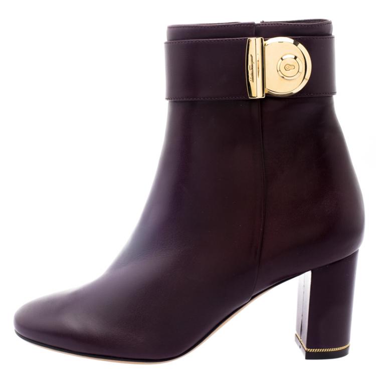 Pre Owned Salvatore Ferragamo Burgundy Leather Fiamma Ankle Boots Size 37