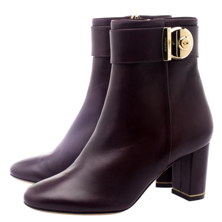 Pre Owned Salvatore Ferragamo Burgundy Leather Fiamma Ankle Boots Size 37