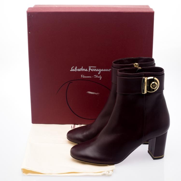 Pre Owned Salvatore Ferragamo Burgundy Leather Fiamma Ankle Boots Size 37