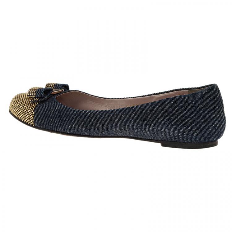 Pre Owned Salvatore Ferragamo Studded Denim Bow Ballet Flats Size 38.5