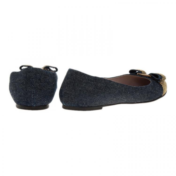Pre Owned Salvatore Ferragamo Studded Denim Bow Ballet Flats Size 38.5