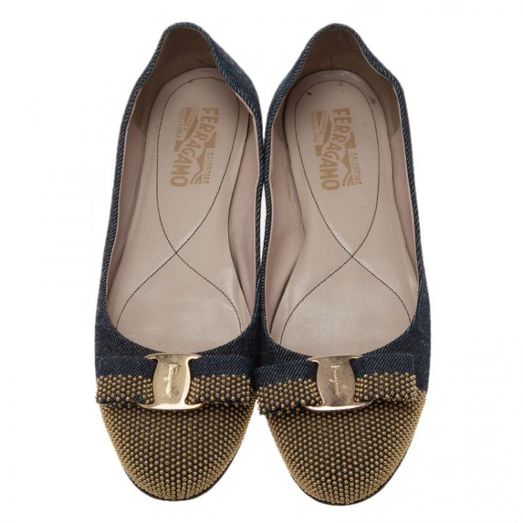 Pre Owned Salvatore Ferragamo Studded Denim Bow Ballet Flats Size 38.5