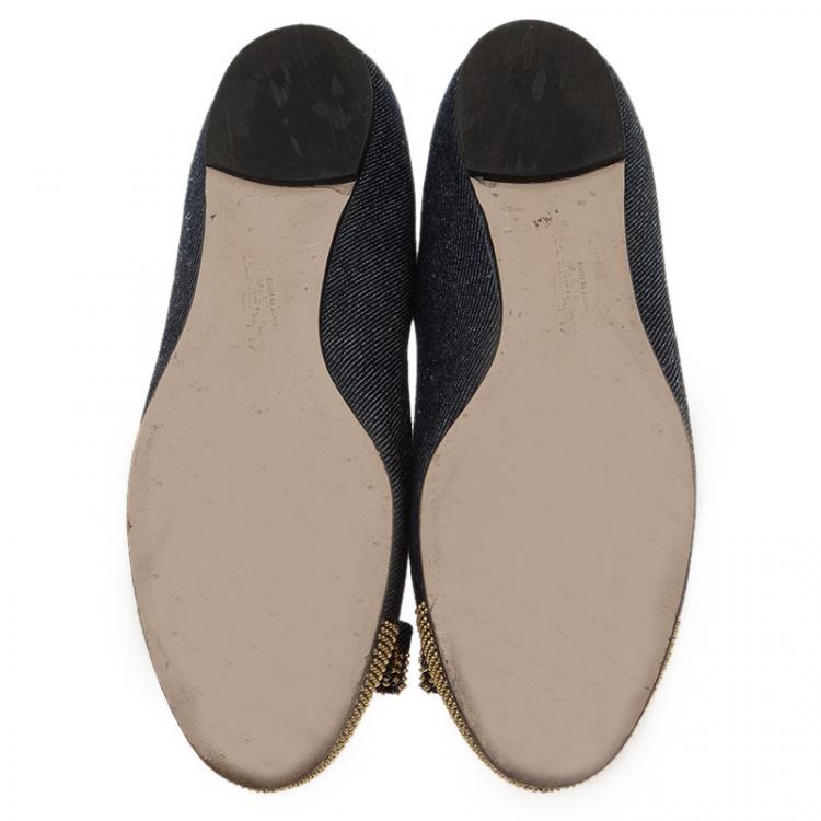 Pre Owned Salvatore Ferragamo Studded Denim Bow Ballet Flats Size 38.5