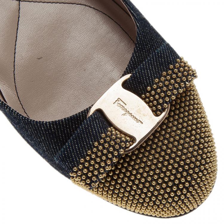 Pre Owned Salvatore Ferragamo Studded Denim Bow Ballet Flats Size 38.5