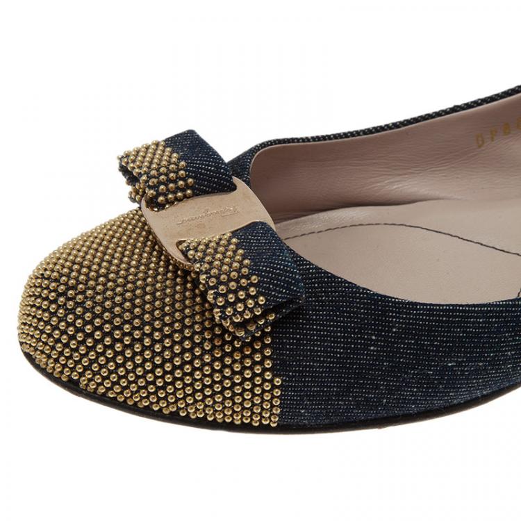 Pre Owned Salvatore Ferragamo Studded Denim Bow Ballet Flats Size 38.5