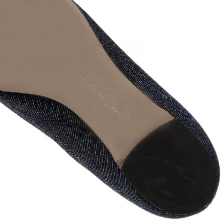 Pre Owned Salvatore Ferragamo Studded Denim Bow Ballet Flats Size 38.5
