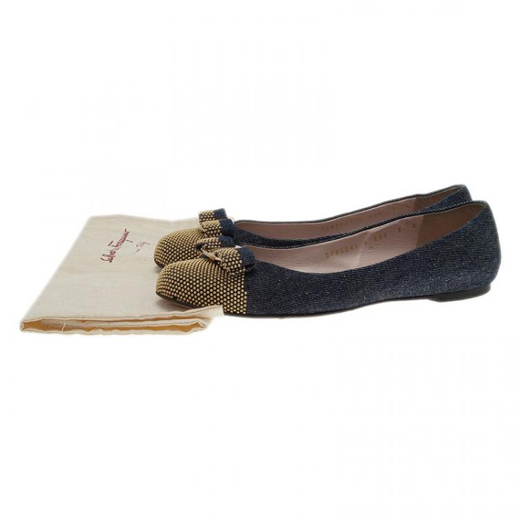Pre Owned Salvatore Ferragamo Studded Denim Bow Ballet Flats Size 38.5