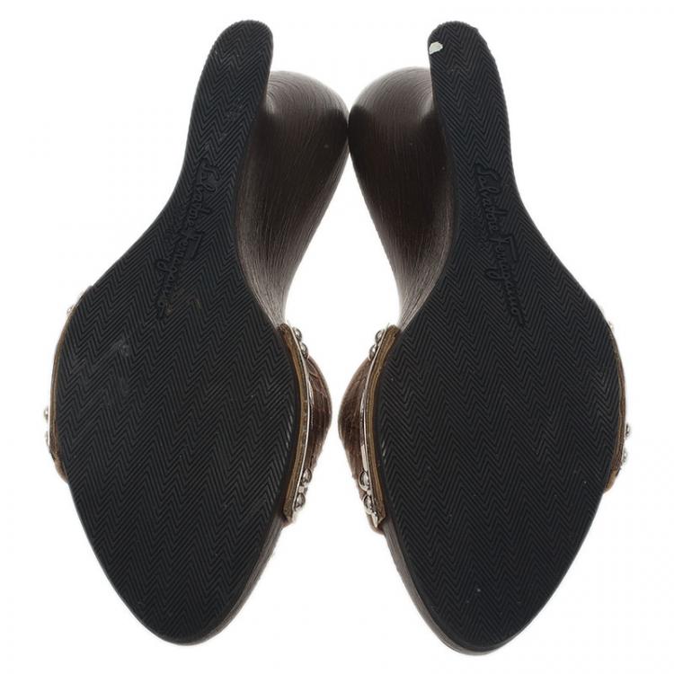 Pre Owned Salvatore Ferragamo Silver Python Open Toe Wedge Slides Size 38.5