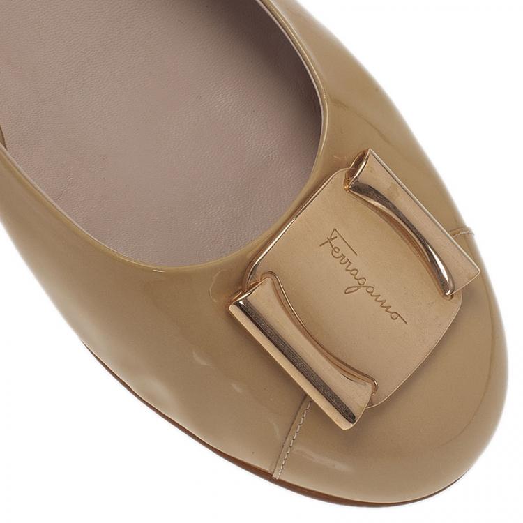 Pre Owned Salvatore Ferragamo Beige Leather Sun Ballet Flats Size 40.5