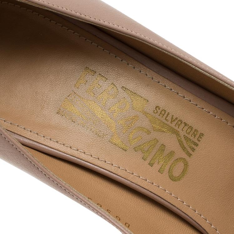 Pre Owned Salvatore Ferragamo Beige Leather Rosella Bow Peep Toe Platform Pumps Size 41.5