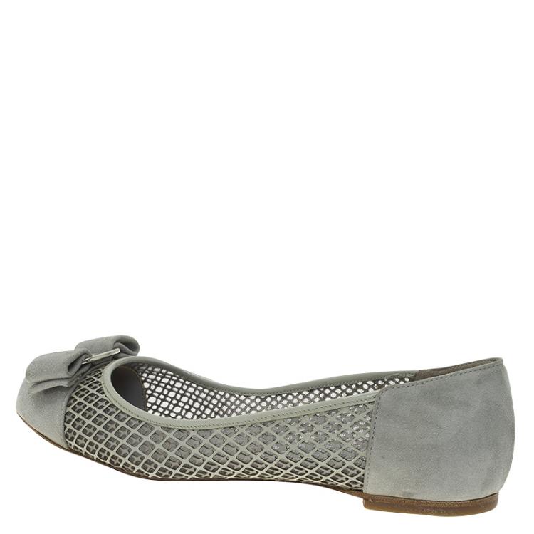 Pre Owned Salvatore Ferragamo Grey Suede Laser Cut Varina Ballet Flats Size 36.5