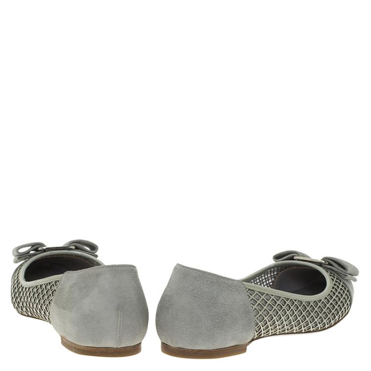 Pre Owned Salvatore Ferragamo Grey Suede Laser Cut Varina Ballet Flats Size 36.5