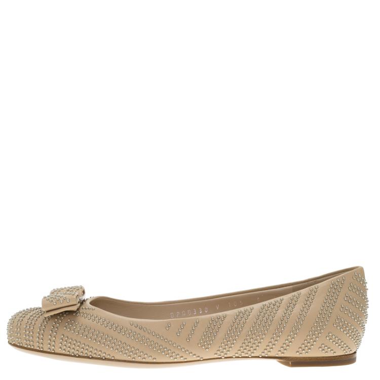 Pre Owned Salvatore Ferragamo Beige Studded Leather Varina Ballet Flats Size 36.5
