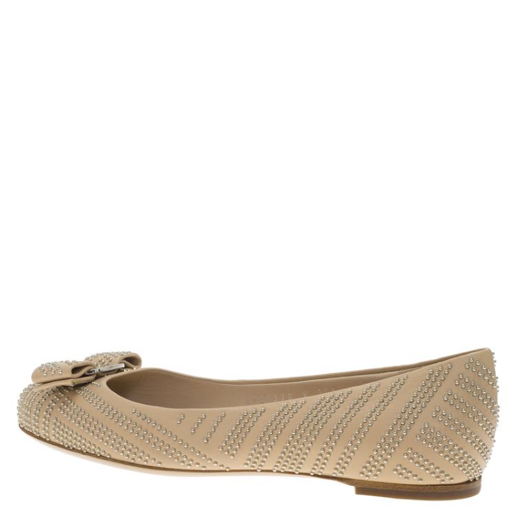 Pre Owned Salvatore Ferragamo Beige Studded Leather Varina Ballet Flats Size 36.5