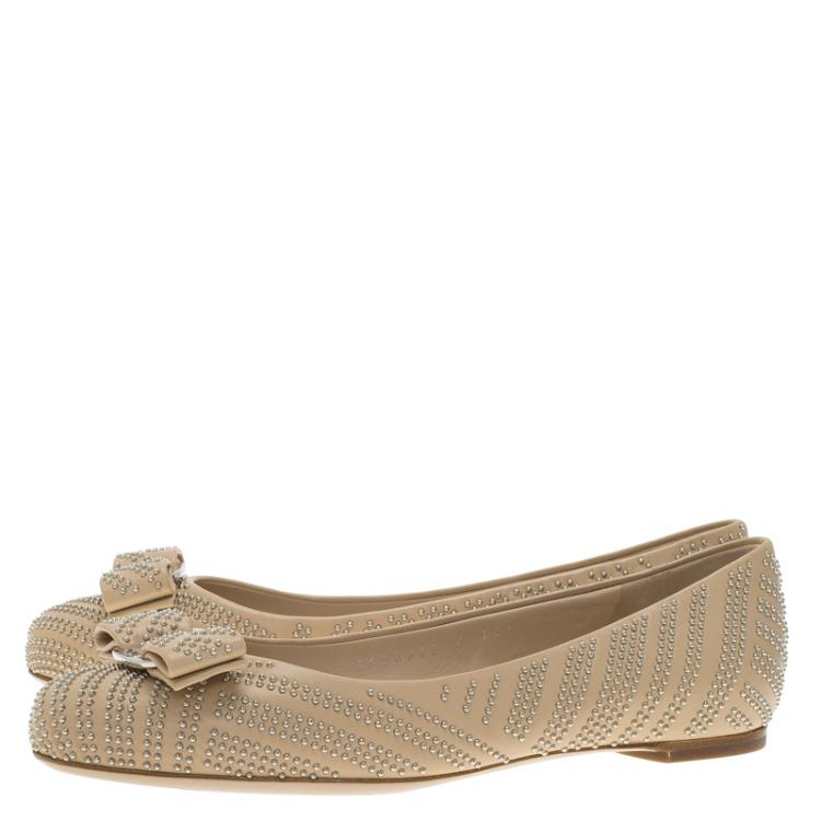 Pre Owned Salvatore Ferragamo Beige Studded Leather Varina Ballet Flats Size 36.5