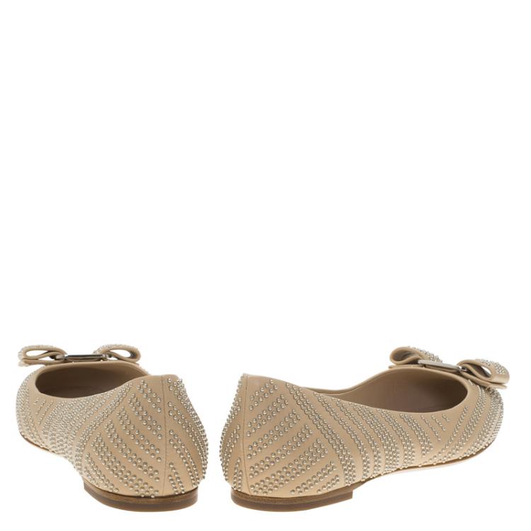 Pre Owned Salvatore Ferragamo Beige Studded Leather Varina Ballet Flats Size 36.5