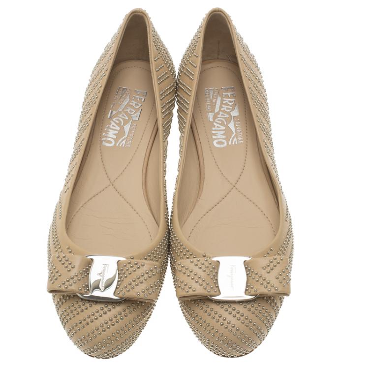 Pre Owned Salvatore Ferragamo Beige Studded Leather Varina Ballet Flats Size 36.5