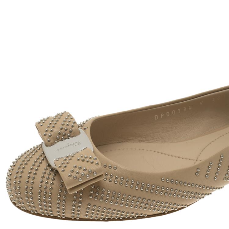 Pre Owned Salvatore Ferragamo Beige Studded Leather Varina Ballet Flats Size 36.5