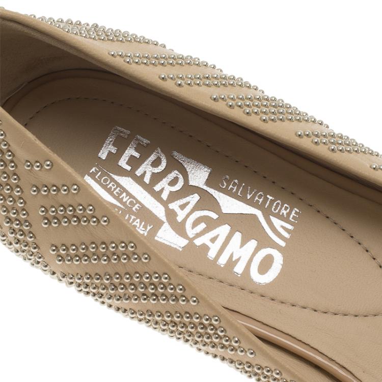 Pre Owned Salvatore Ferragamo Beige Studded Leather Varina Ballet Flats Size 36.5