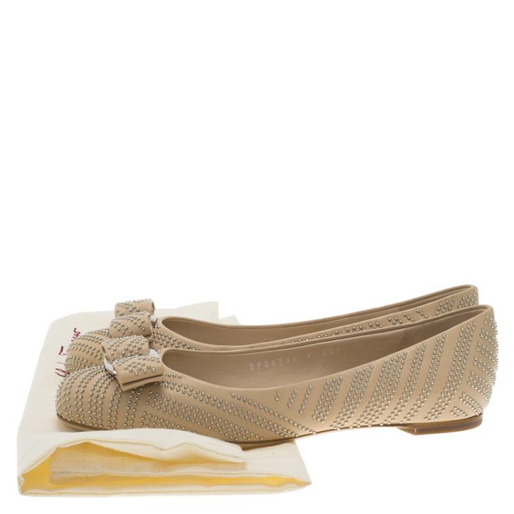 Pre Owned Salvatore Ferragamo Beige Studded Leather Varina Ballet Flats Size 36.5