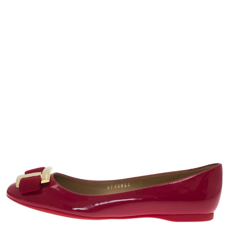 مملوكة مسبقًا Salvatore Ferragamo Red Patent Ninna Kangaroo Bow Ballet Flats Size 36