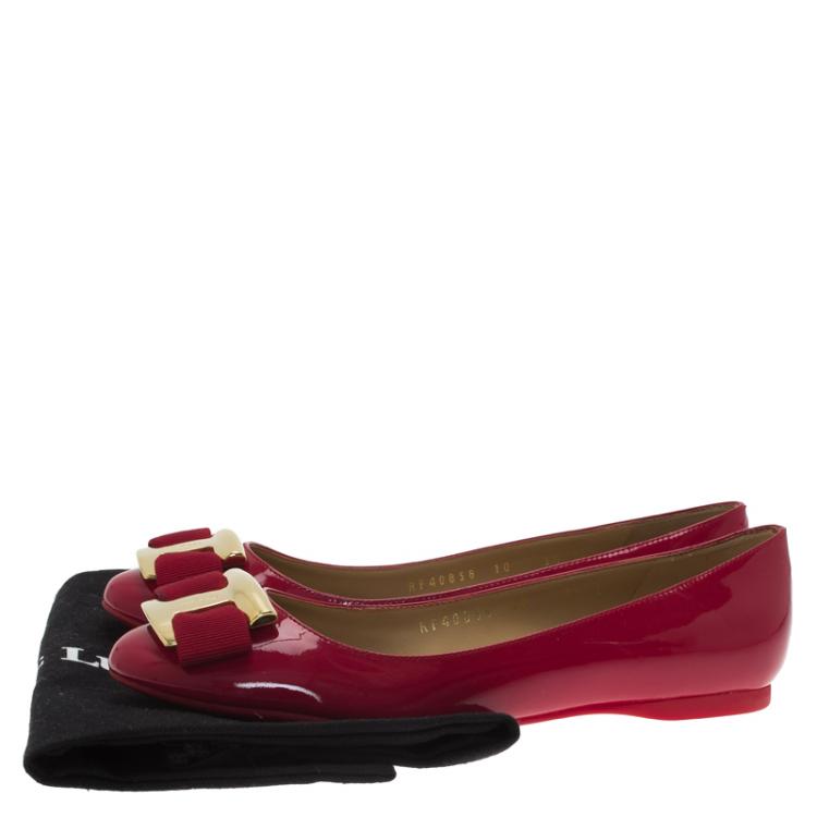 مملوكة مسبقًا Salvatore Ferragamo Red Patent Ninna Kangaroo Bow Ballet Flats Size 36