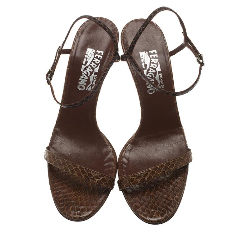 Pre Owned Salvatore Ferragamo Brown Python Blejan Ankle Strap Sandals Size 40.5