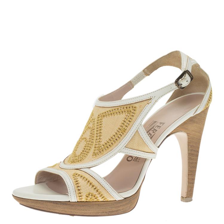 Pre Owned Salvatore Ferragamo Two -Tone Leather and Rafia Cutout Sandals Size 37