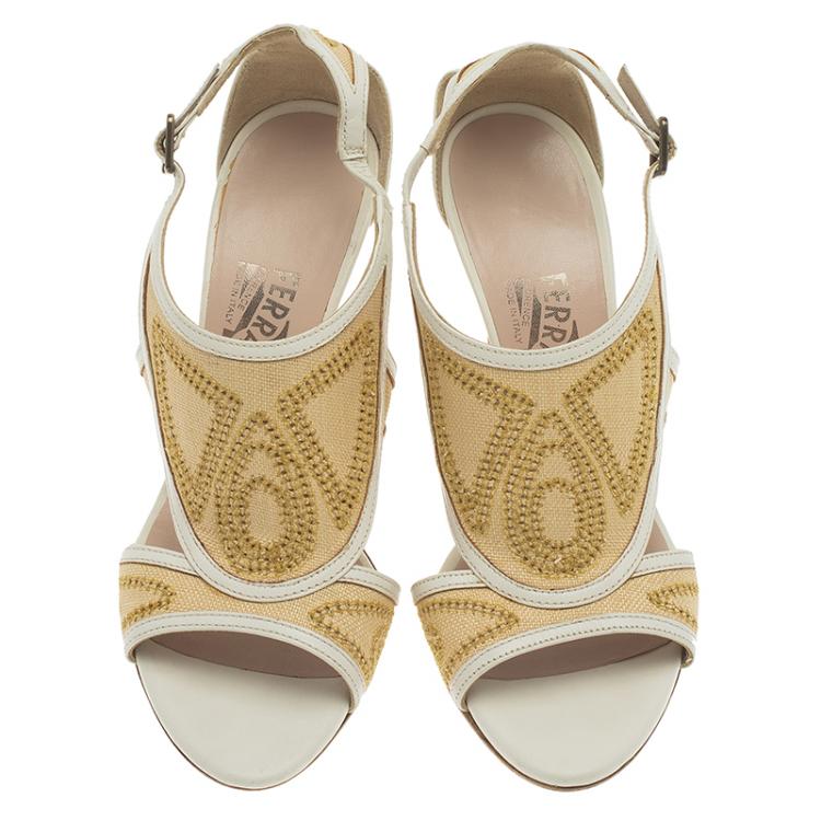 Pre Owned Salvatore Ferragamo Two -Tone Leather and Rafia Cutout Sandals Size 37