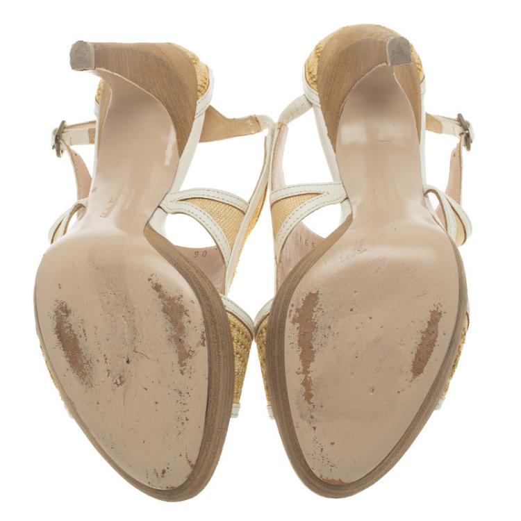 Pre Owned Salvatore Ferragamo Two -Tone Leather and Rafia Cutout Sandals Size 37