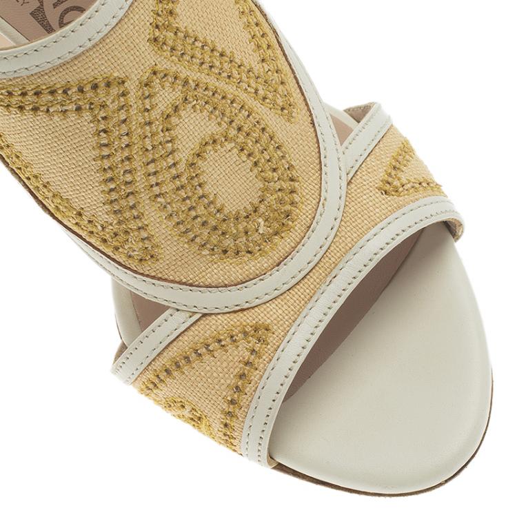 Pre Owned Salvatore Ferragamo Two -Tone Leather and Rafia Cutout Sandals Size 37