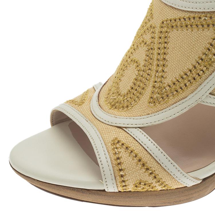 Pre Owned Salvatore Ferragamo Two -Tone Leather and Rafia Cutout Sandals Size 37