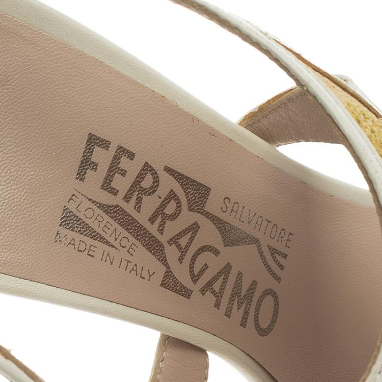 Pre Owned Salvatore Ferragamo Two -Tone Leather and Rafia Cutout Sandals Size 37