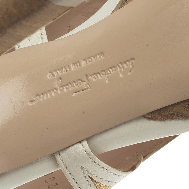 Pre Owned Salvatore Ferragamo Two -Tone Leather and Rafia Cutout Sandals Size 37