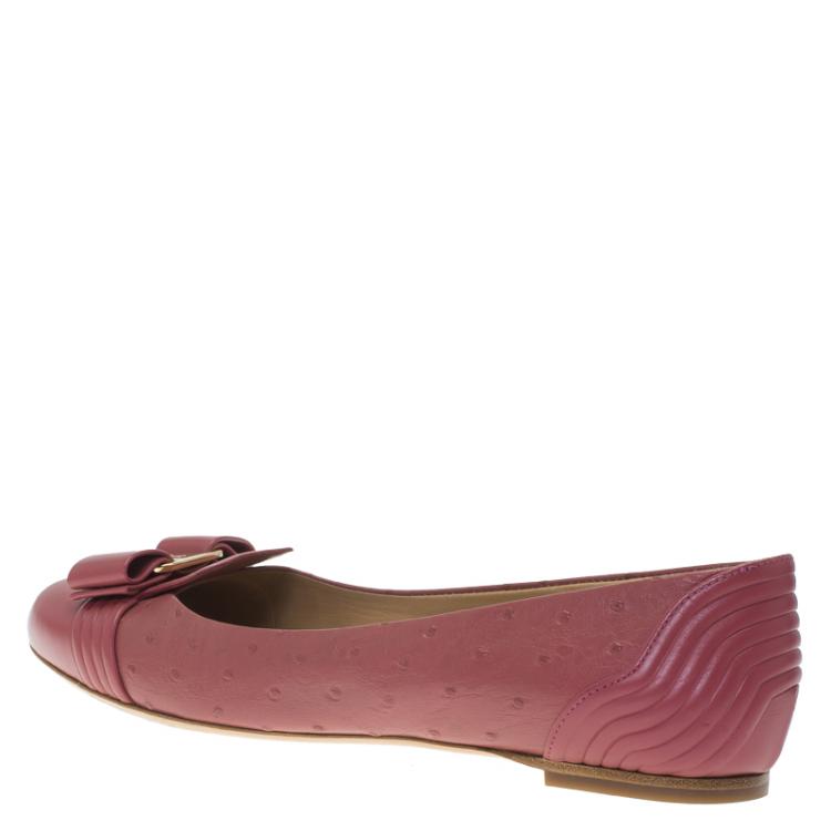 Pre Owned Salvatore Ferragamo Pink Ostrich Bow Ballet Flats Size 38