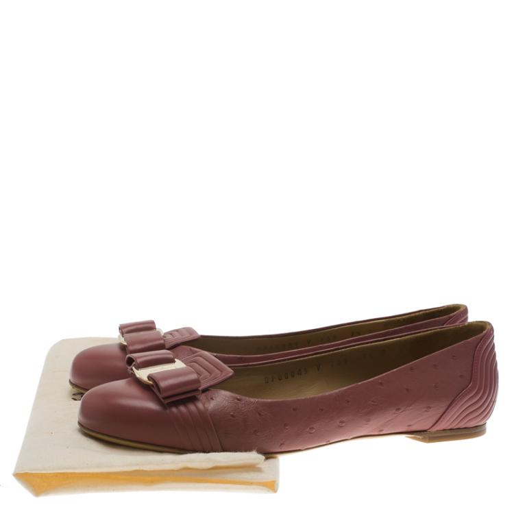 Pre Owned Salvatore Ferragamo Pink Ostrich Bow Ballet Flats Size 38
