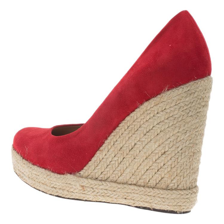 Pre Owned Salvatore Ferragamo Red Suede Bernie Espadrille Wedge Pumps Size 37