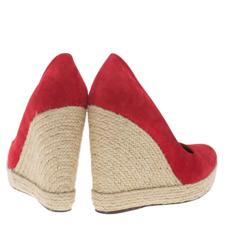 Pre Owned Salvatore Ferragamo Red Suede Bernie Espadrille Wedge Pumps Size 37