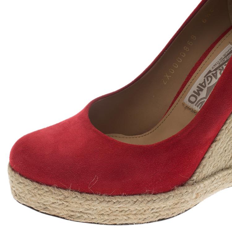 Pre Owned Salvatore Ferragamo Red Suede Bernie Espadrille Wedge Pumps Size 37