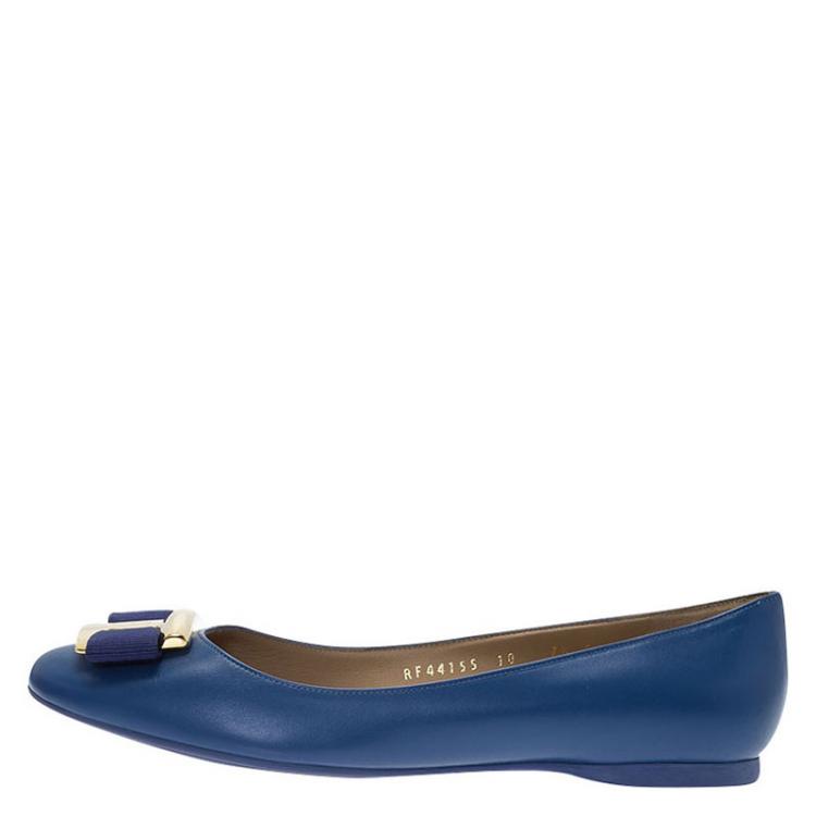 Pre Owned Salvatore Ferragamo Blue Leather Ninna Kangaroo Bow Ballet Flats Size 38