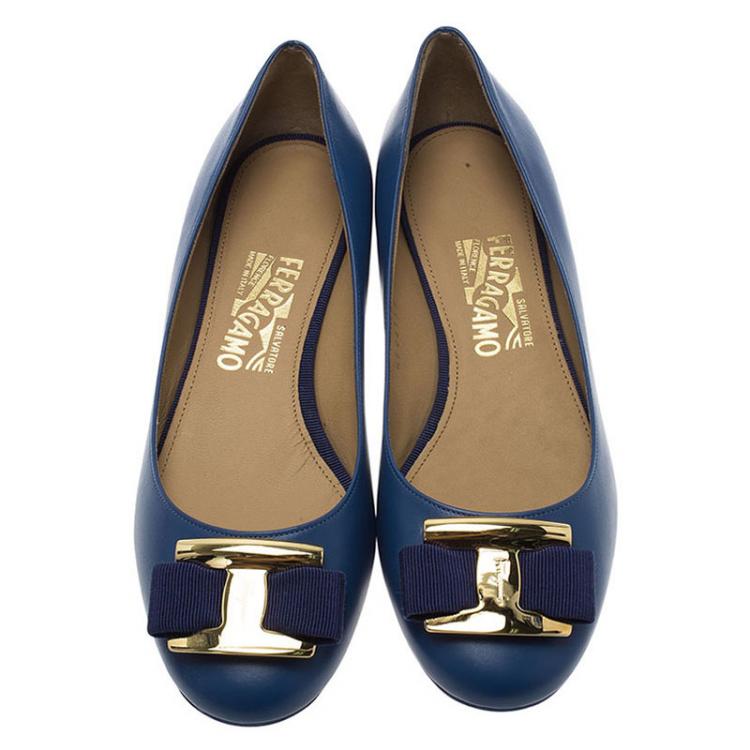 Pre Owned Salvatore Ferragamo Blue Leather Ninna Kangaroo Bow Ballet Flats Size 38