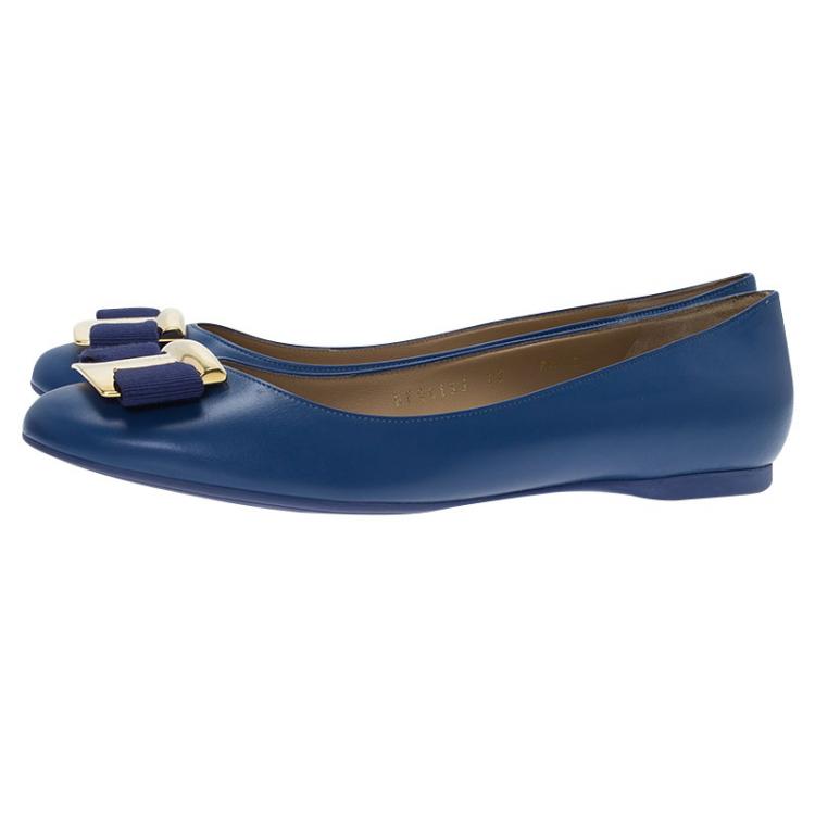 Pre Owned Salvatore Ferragamo Blue Leather Ninna Kangaroo Bow Ballet Flats Size 38
