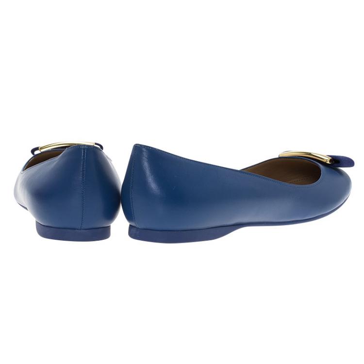 Pre Owned Salvatore Ferragamo Blue Leather Ninna Kangaroo Bow Ballet Flats Size 38