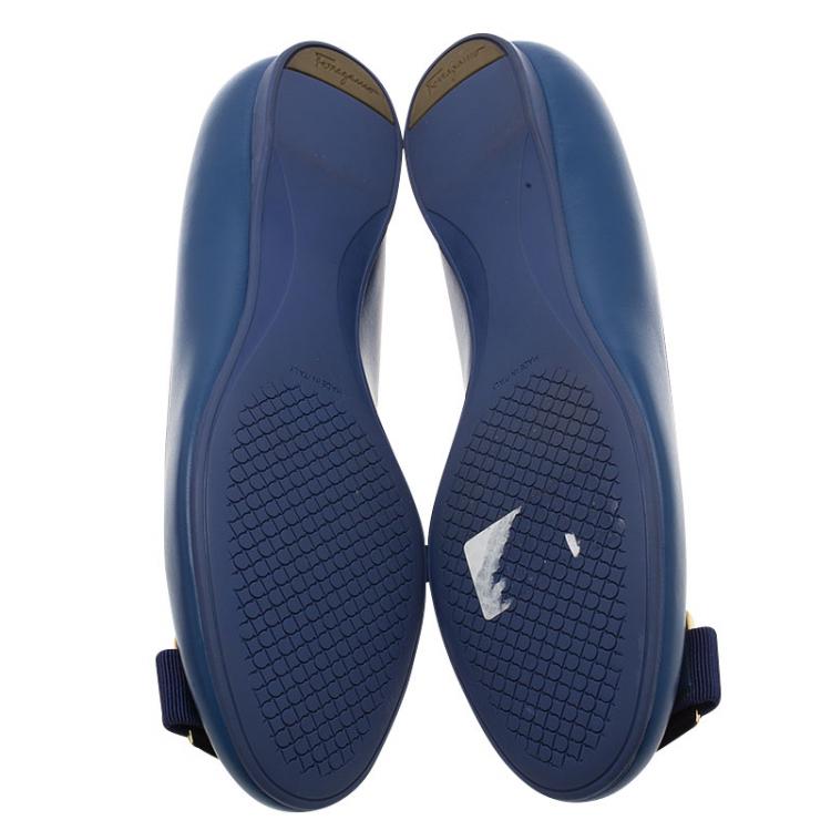 Pre Owned Salvatore Ferragamo Blue Leather Ninna Kangaroo Bow Ballet Flats Size 38