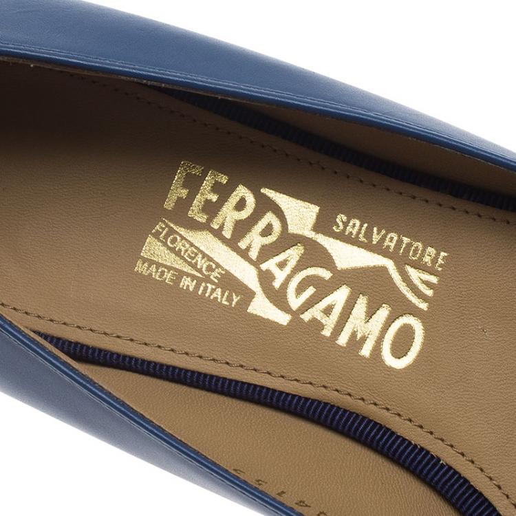 Pre Owned Salvatore Ferragamo Blue Leather Ninna Kangaroo Bow Ballet Flats Size 38