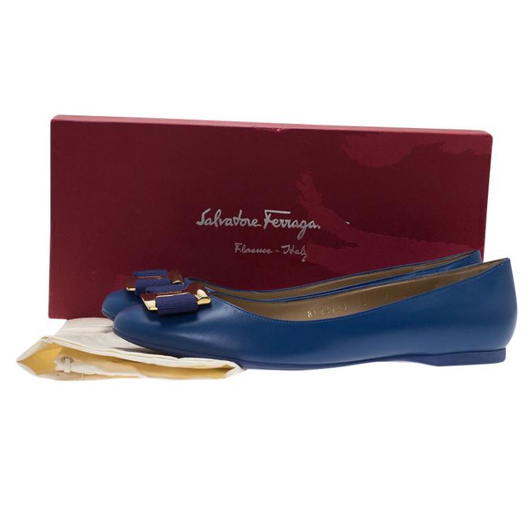 Pre Owned Salvatore Ferragamo Blue Leather Ninna Kangaroo Bow Ballet Flats Size 38