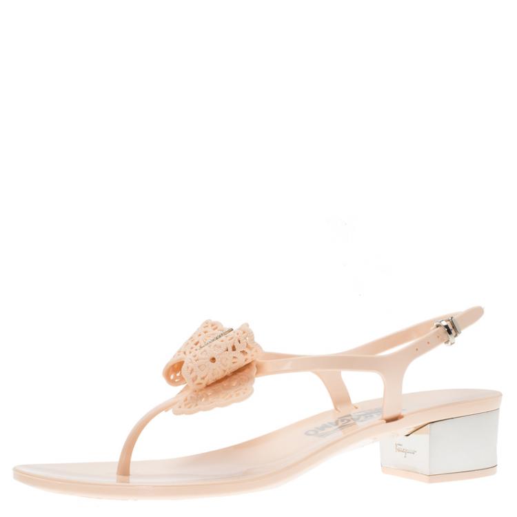 Pre Owned Salvatore Ferragamo Peach Jelly Perala Bow Thong Sandals Size 39.5