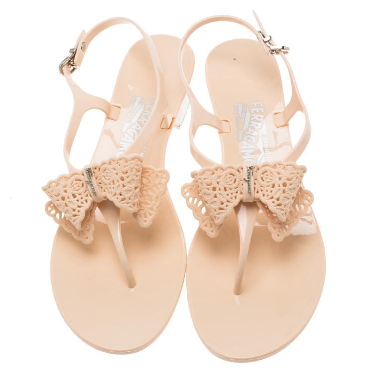 Pre Owned Salvatore Ferragamo Peach Jelly Perala Bow Thong Sandals Size 39.5