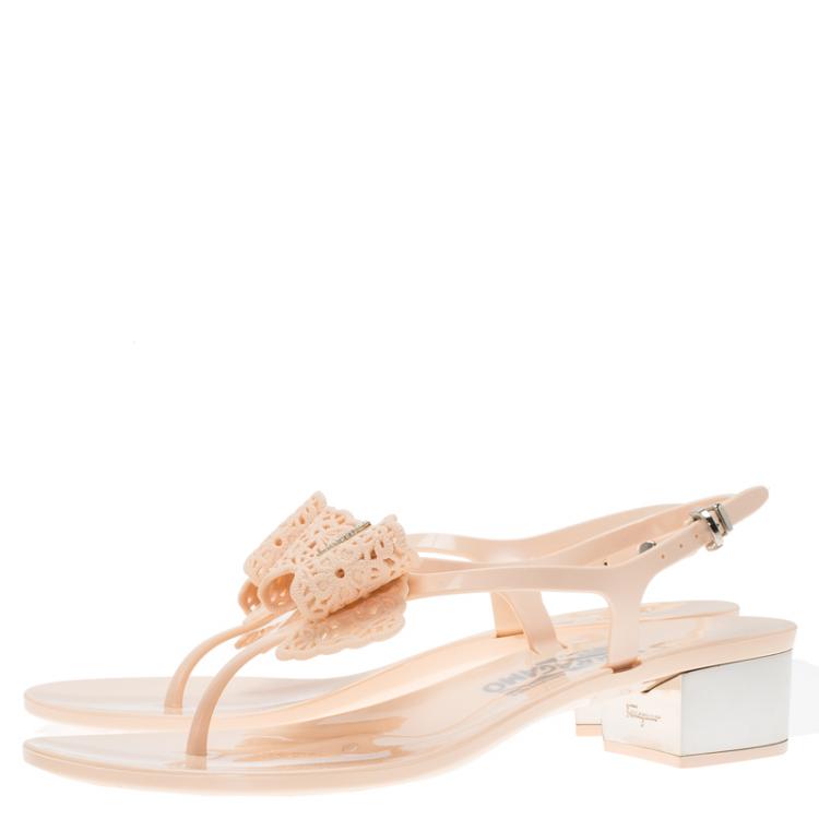Pre Owned Salvatore Ferragamo Peach Jelly Perala Bow Thong Sandals Size 39.5