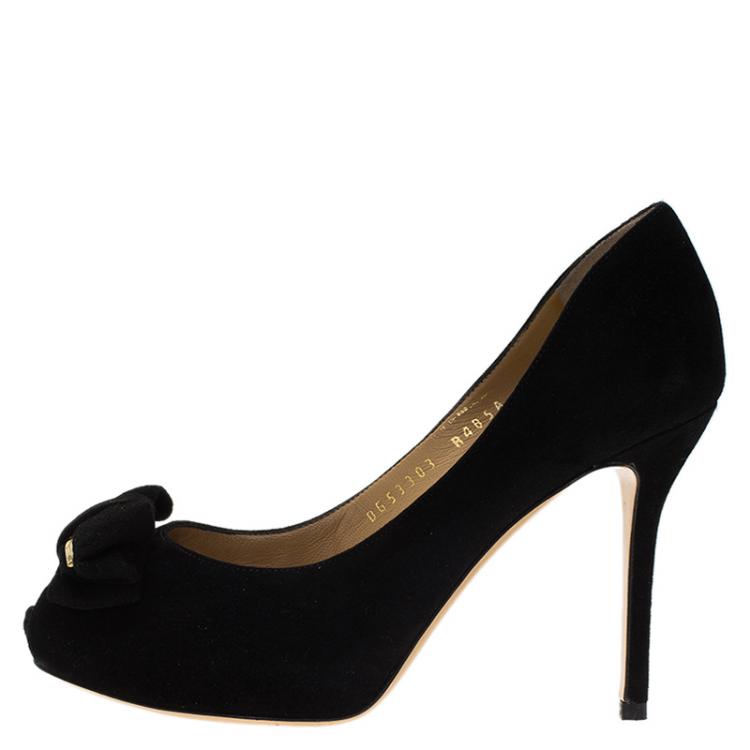 Pre Owned Salvatore Ferragamo Black Suede Rosella Bow Peep Toe Platform Pumps Size 35.5